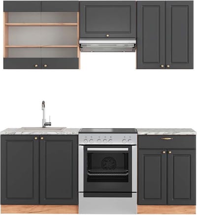 Vicco Fame-Line Complete keukeneenheid – 200 cm, WB Marmer Antraciet Landhuis/Goud Kraft Eik