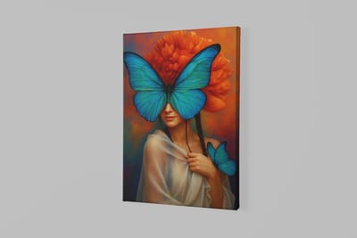 Canvas Schilderij - Vrouw met Blauwe Vlinders - Wanddecoratie - 60x40x2 cm