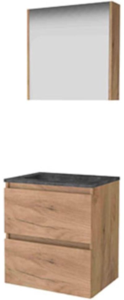 Basic-Line Comfort 46 Badkamermeubelset - 60 x 46 cm - Greeploos - 2 Lades - Hardstenen Wastafel - Zonder Kraangat - Spiegelkast - Whisky Oak
