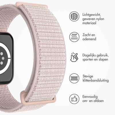 Nylon bandje - Geschikt voor Apple Watch 44/45/46/49mm (Series 12/11/10), (Ultra 4/3/2), (Series 7/8/9), (Series 4/5/6, SE 1/2/3) - Premium kwaliteit - Lichtroze