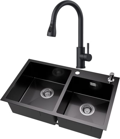 Auralum MAX Dubbele Spoelbak (75x45cm) Antraciet - Spoelbak Keuken Met Keukenkraan met Uittrekbare uitloop - Duurzaam, Veelzijdig en Geluiddempend - Met zeepdispenser 300ml en Waterafvoersysteem