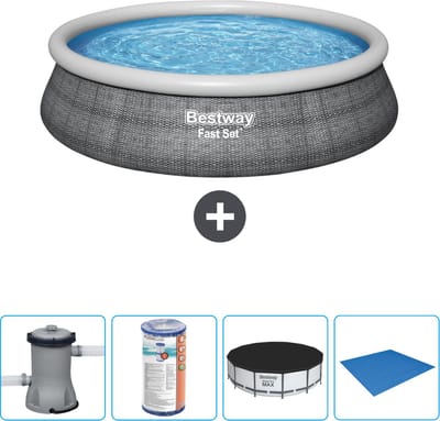 Bestway Rond Opblaasbaar Fast Set Zwembad - Rotanprint - 457 x 84 cm - Inclusief Pomp Filter - Afdekzeil - Grondzeil