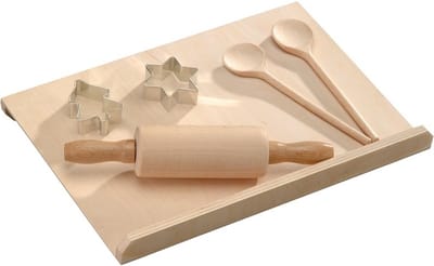 6-Delige FSC® Beuken Houten Kinderbakset - Kinder Taart - Gebak Bak Set - Bak Rol Plaat - Deegroller - Lepels - Uitsteek vormpjes