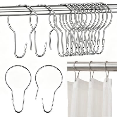 75 Stuks Douchegordijnringen - Roestvrij Stalen Gordijnhaken, Metaal Roestbestendige Haken voor Hangende, Decoratieve, Badkamer, Woonkamer, Slaapkamer, Keuken (Zilver, 70x38 mm)
