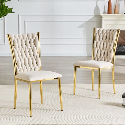 MODFU - Eetkamerstoel - Geweven Rugleuning - Hoge Rugleuning - Modern - Voor Eetkamer - Metaal En Fluweel - Beige En Goud