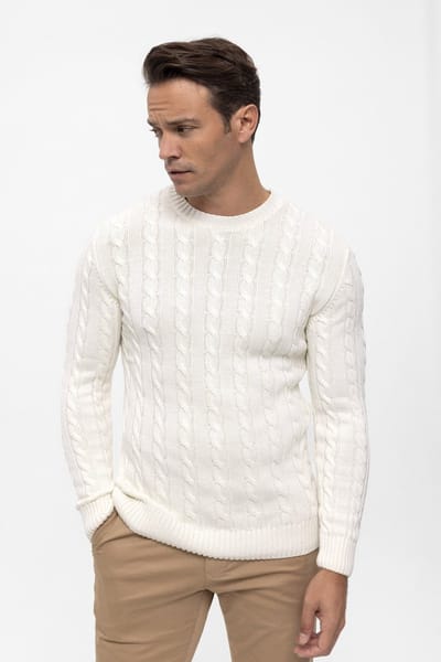 Felix Hardy Kabelgebreide Trui Met Ronde Hals - 100% Katoen Heren Ecru - 2Xl