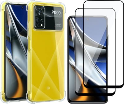 Hoesje geschikt voor Xiaomi Poco X4 Pro - Anti Shock Proof Siliconen Back Cover Case Hoes Transparant - 2x Full Tempered Glass Screenprotector
