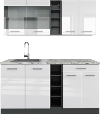 Vicco R-Line Eenpersoonskeuken – 160 cm, WB Marmer Wit hoogglans/antraciet