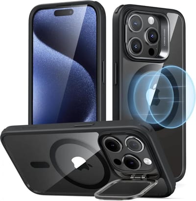 ESR Classic Hybrid HaloLock Hoesje Geschikt voor Apple iPhone 15 Pro - Compatibel met MagSafe - Back Cover met Standaard - Camera Kickstand - Transparant Zwart