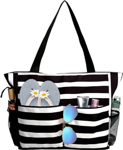 1 stuk strandtas voor dames met rits, grote strandtas, familie, zwemtas, waterdichte strandtas voor dames, tas voor strand, reizen, zwembad, sportschool, zwart