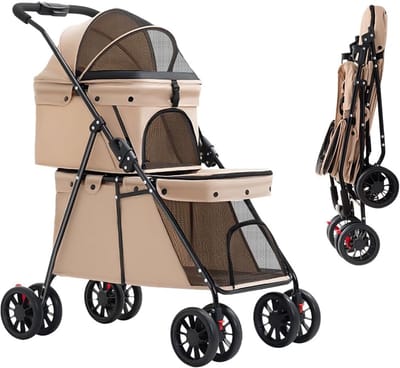 Hondenbuggy Dubbele Laag - Dierenwagen Opvouwbaar - Comfortabel Reizen - Lichtgewicht Aluminium Frame - 50 x 67 x 95 cm