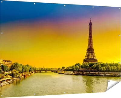 Gards Tuinposter Eiffeltoren in Parijs tijdens Zonsopgang - 180x120 cm - Tuindoek - Tuindecoratie - Wanddecoratie buiten - Tuinschilderij