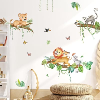 Schattige dieren wandstickers voor kinderkamer - Leeuw, luipaard en boom - Verwijderbare muursticker voor speelhoek en slaapkamer