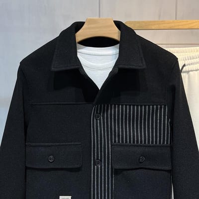 Heren Gestreept Wolle Jas Trendy Merk Contrasterend Casual Reversjas Herfst en Winter Slim-fit Veelzijdige Top 3XL zwart