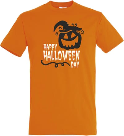 T-shirt Happy Halloween Day | Halloween kostuum kind dames heren | verkleedkleren meisje jongen | Oranje | maat XS
