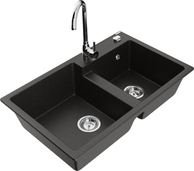 Mexen Tomas granieten 2-komoren spoelbak met keukenmengkraan Telma, zwart/goud metallic - 6516-75-670200-00