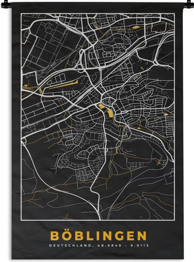 Wandkleed - Wanddoek - Böblingen – Stadskaart – Gold – Plattegrond – Stadskaart – Kaart - Duitsland - 120x180 cm - Wandtapijt