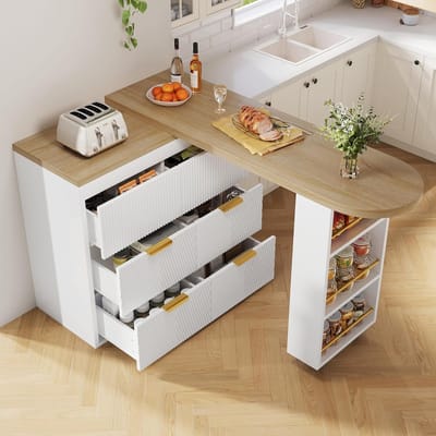 Bartafel met laden - Hoge tafel - Eettafel kantoor - 360 graden draaibaar - 40x90x128-203cm - Wit