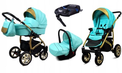 BabyLux® Kinderwagen 4in1 – GOLDLUX - MINT GOLD FRAME - Opklapbare Wandelwagen incl. Reiswieg, Multifunctionele Buggy Sportstoel, Autostoel, ISOFIX basisstation - Combi-kinderwagen met Luiertas, Regenhoes, Klamboe