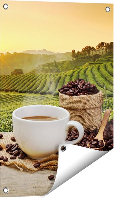 Gards Tuinposter Kopje Koffie op een Plantage Achtergrond6 - 40x60 cm - Tuindoek - Tuindecoratie - Wanddecoratie buiten - Tuinschilderij