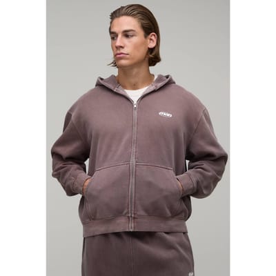 Oversized Heren Sport Washed Ritssluiting Hoodie | Washed Chocolate | Size XS