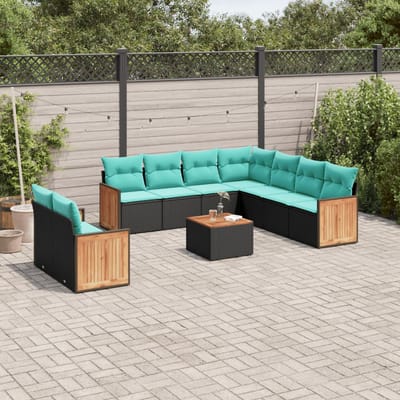 vidaXL - 10-delige - tuinbankset - met - kussens - van - zwart - polyrotan