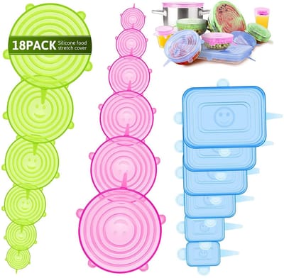 Dailygoods - Rekbaar siliconen deksel, 18-delig siliconen stretch deksel, BPA-vrij, herbruikbare siliconen afdekking, universele siliconen vershouddeksel voor schotels, potten, glazen, bekers