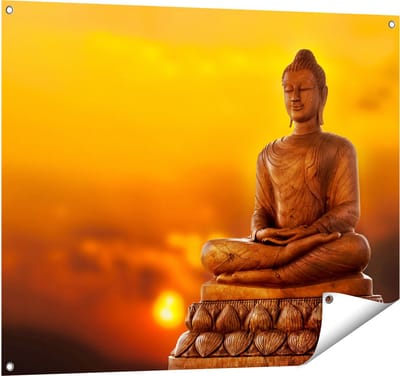 Gards Tuinposter Boeddha Standbeeld bij Zonsondergang - 100x80 cm - Tuindoek - Tuindecoratie - Wanddecoratie buiten - Tuinschilderij