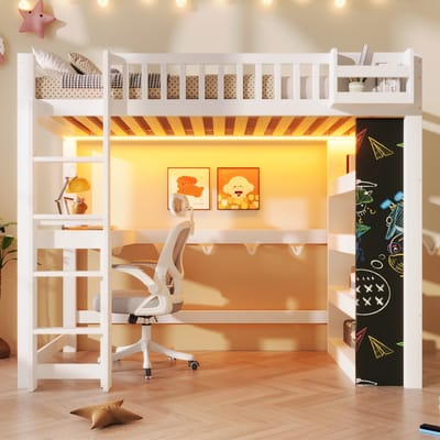 Hoogslaper 90x200 cm met Bureau, Krijtbord, LED-Verlichting en Opbergvakken, Houten Kinderbed, Wit