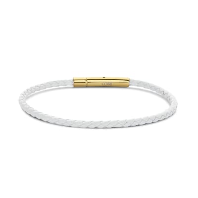 CO88 Collection 8CB-90914 Stalen Armband - Dames - Leer - Gevlochten - 18.5 cm - Wit - 3 mm - Goudkleurig