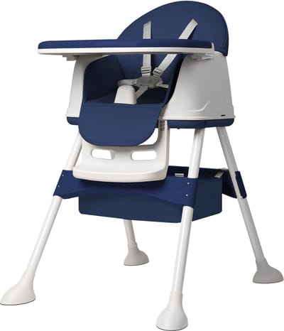 Mobiele kinderstoel met 5-punts veiligheidsgordel en dubbel dienblad, opvouwbare zitverhoger, wasbare kinderstoel voor thuis en op reis (blauw) NAIZY