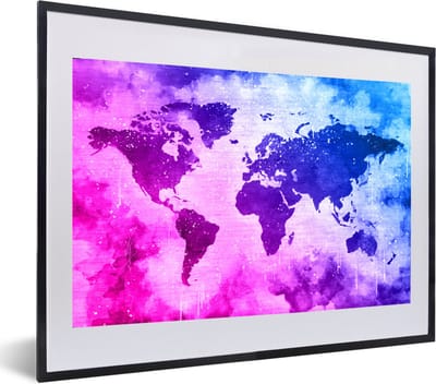 Poster in lijst - Fotolijst 60x40 cm - Posters - Wereldkaart - Roze - Paars - Posterlijst zwart - Decoratie - Wanddecoratie woonkamer - Muurdecoratie slaapkamer
