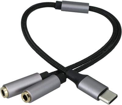 kwmobile USB-C Koptelefoon Splitser voor USB C Headphone / Headset USB C naar Dubbele 3,5 mm Aux Jack - Audio Splitter van Nylon in zwart