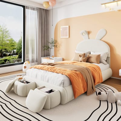 DESMIU Gestoffeerd Bed 90x200 cm – Konijnenoren Met Dimbaar Warm Licht – Verstelbaar Hoofdbord – Met 2 Opbergkrukken – Kinderkamer – Fluweel – Beige – Zonder Matras