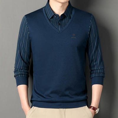 Fake Tweedelige T-shirt met Lange Mouwen Heren Lente en Herfst Nieuw Gestreept Print Hartvormige Kraag Dunne Middelbare Leeftijd Polo voor Heren XXXXL black