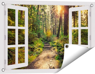 Gards Tuinposter Doorkijk Voetpad in het Bos - 60x40 cm - Tuindoek - Tuindecoratie - Wanddecoratie buiten - Tuinschilderij