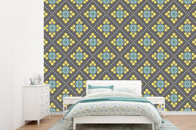 Behang - Fotobehang Design - Ruit - Bloemen - Grijs - Breedte 360 cm x hoogte 260 cm