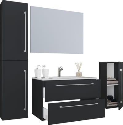VCM 5-tlg. Set | 1 Waschtisch mit zwei Schubladen, 1 Spiegel, 1 Waschbecken, 1 Midischrank, 1 Hochschrank | Keramik Waschbecken | hängend Unterschrank 80 cm | Badmöbel Set Waschplatz – Badinos