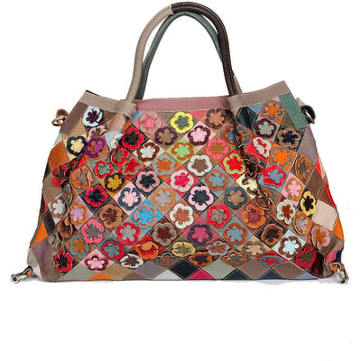 Leren – handbagage – reistas – strandtas- weekendtas -  van  - gevlochten - gekleurde - stukjes -  leer  - model " Destinio " by Viabologna.nl