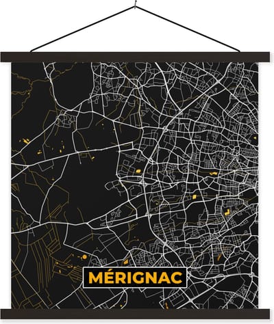 Posterhanger incl. Poster 60x60 cm - Schoolplaat - Kaart – Stadskaart – Mérignac - Plattegrond – Frankrijk - Textielposter - Zwarte latten - Stadskaart