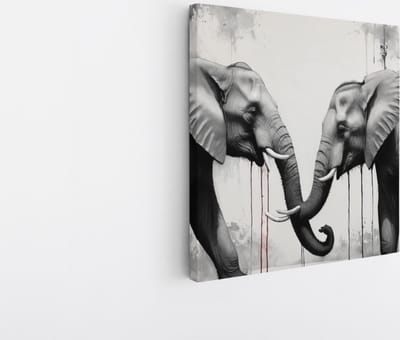Saammp Canvas Schilderij - 2 Olifanten - Zwart-Wit - Dieren - 20x20 - Foto op canvas - Wanddecoratie - Muurdecoratie Woonkamer - Slaapkamer decoratie - Canvas Print