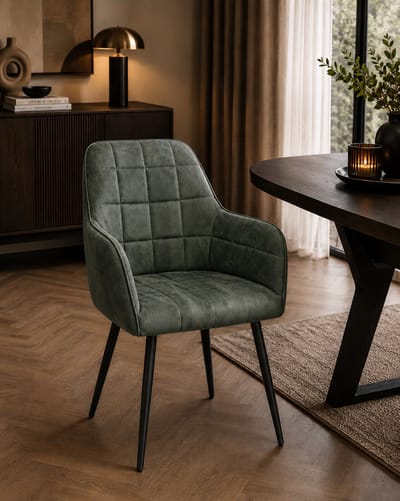 Eetkamerstoel Emma – Velvet Stof – Moss – Luxe Eetkamerstoel met Armleuningen – Comfortabele Zitting & Metalen Poten