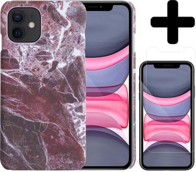 Hoesje Geschikt voor iPhone 11 Hoesje Marmer Case Hard Cover Met Screenprotector - Hoes Geschikt voor iPhone 11 Case Marmer Hoesje Backcover - Rood
