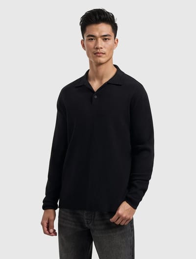 Pure Path Heavy Knit Longsleeve Polo Regular Fit Black (25030810 - 02)