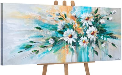 Canvas schilderij panoramisch 115x50 handgeschilderd zonnige madeliefjes bloemen – YS-Art Gallery – Frisse wanddecoratie voor woonkamer – Modern schilderij voor hal