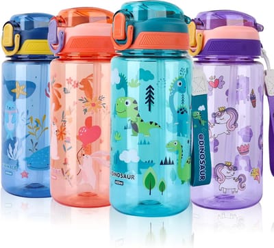 SnelShoppen - Drinkfles voor Kinderen 600 ml - BPA-vrije Kinderdrinkfles met Rietje - Lekvrij Flip-Topdeksel - Sportwaterfles voor Meisjes en Jongens