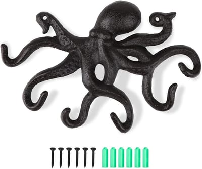 Rustieke Octopus Wandhaak van Gietijzer met Schroeven voor Kleding, Sleutels en Tassen in Donkerbruin