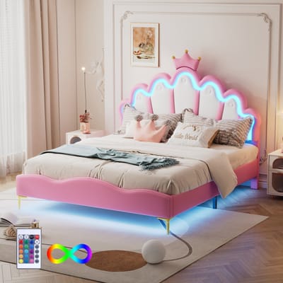 STILVORA Kinderbedden 90x200 cm - Eenpersoonsbed Met LED En Kronen Hoofdbord - Modern Gestoffeerd Bed - MDF - Wit