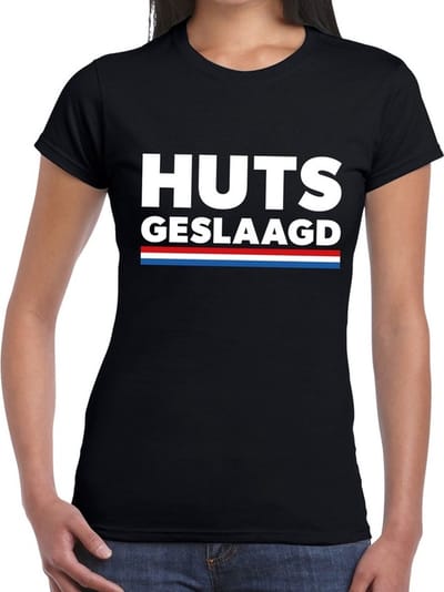 HUTS geslaagd met Hollandse vlag tekst t-shirt zwart dames - Geslaagd/ afgestudeerd cadeau XS