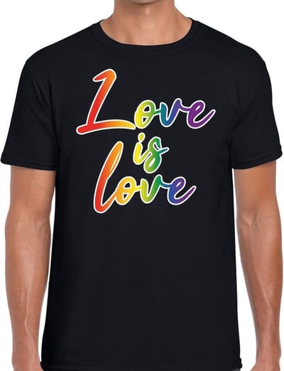Love is love gaypride t-shirt - zwart shirt met regenboog tekst voor heren - Gaypride kleding S